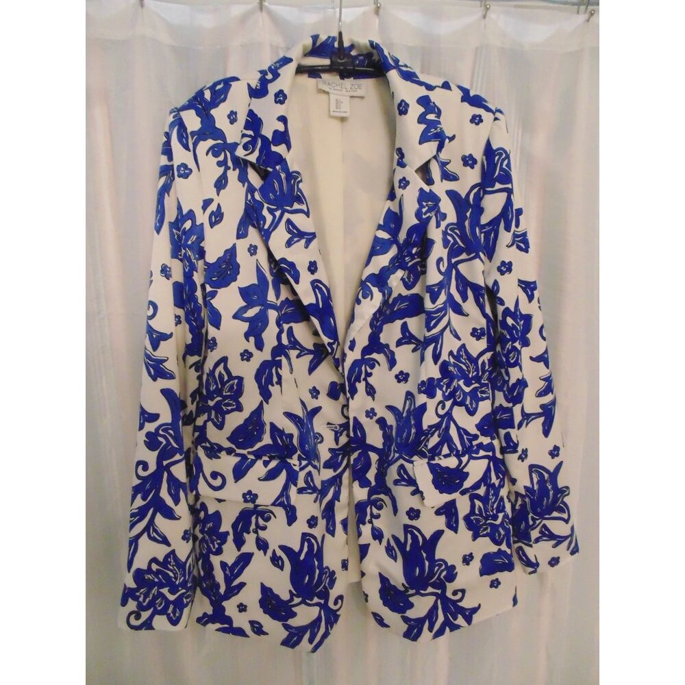 RACHEL ZOE Satin Womens sz S Floral  Blue One Button Blazer Jacket Padded Should